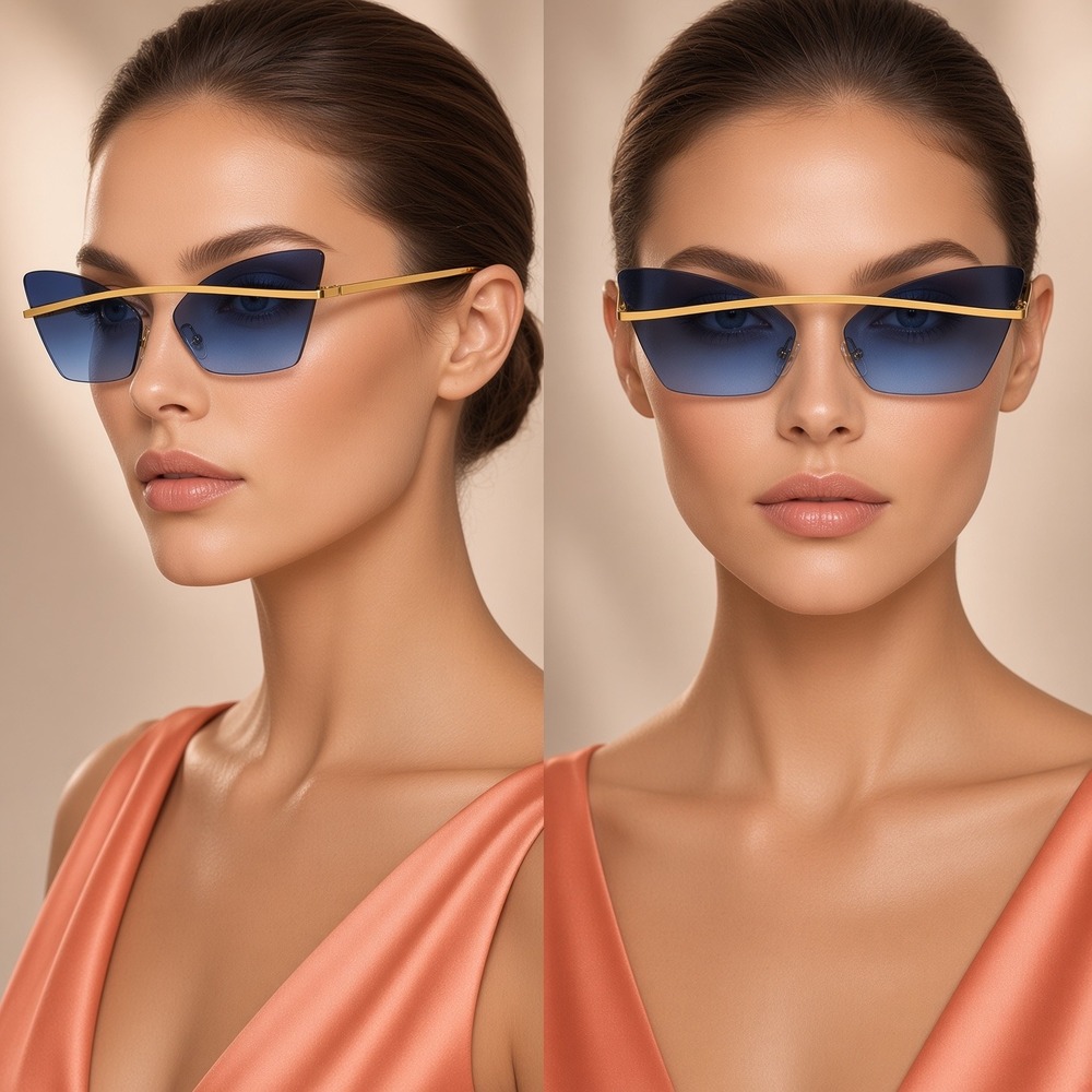 Womens Blue Gradient Cat Eye Sunglasses Gold Brow Bar Geometric Rimless Eyewear